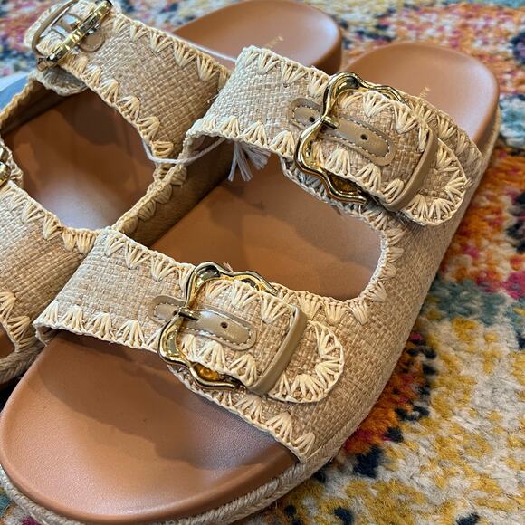 American Eagle AE Stitched Slide Sandals Natural Beige Tan Gold Buckles Size 10 - Picture 2 of 12